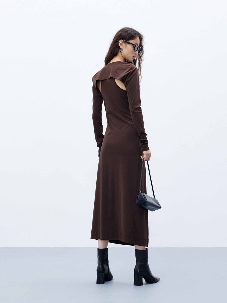 MO&Co. Women's Pleated Side Midi Dress and Long Sleeves Bolero Set in Brown
