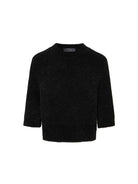 MO&Co. Noir Women's Ribbed Trim Short Sleeves Pullover Sweater in Black with Metallic Fiber