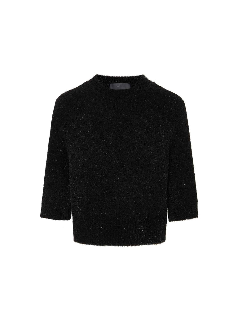 MO&Co. Noir Women's Ribbed Trim Short Sleeves Pullover Sweater in Black with Metallic Fiber