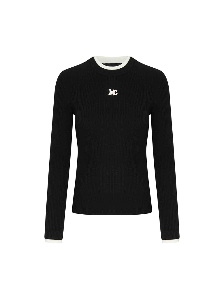 MO&Co. Women's Crew Neck Long Sleeves Ribbed Knit Top Base Layer in Black