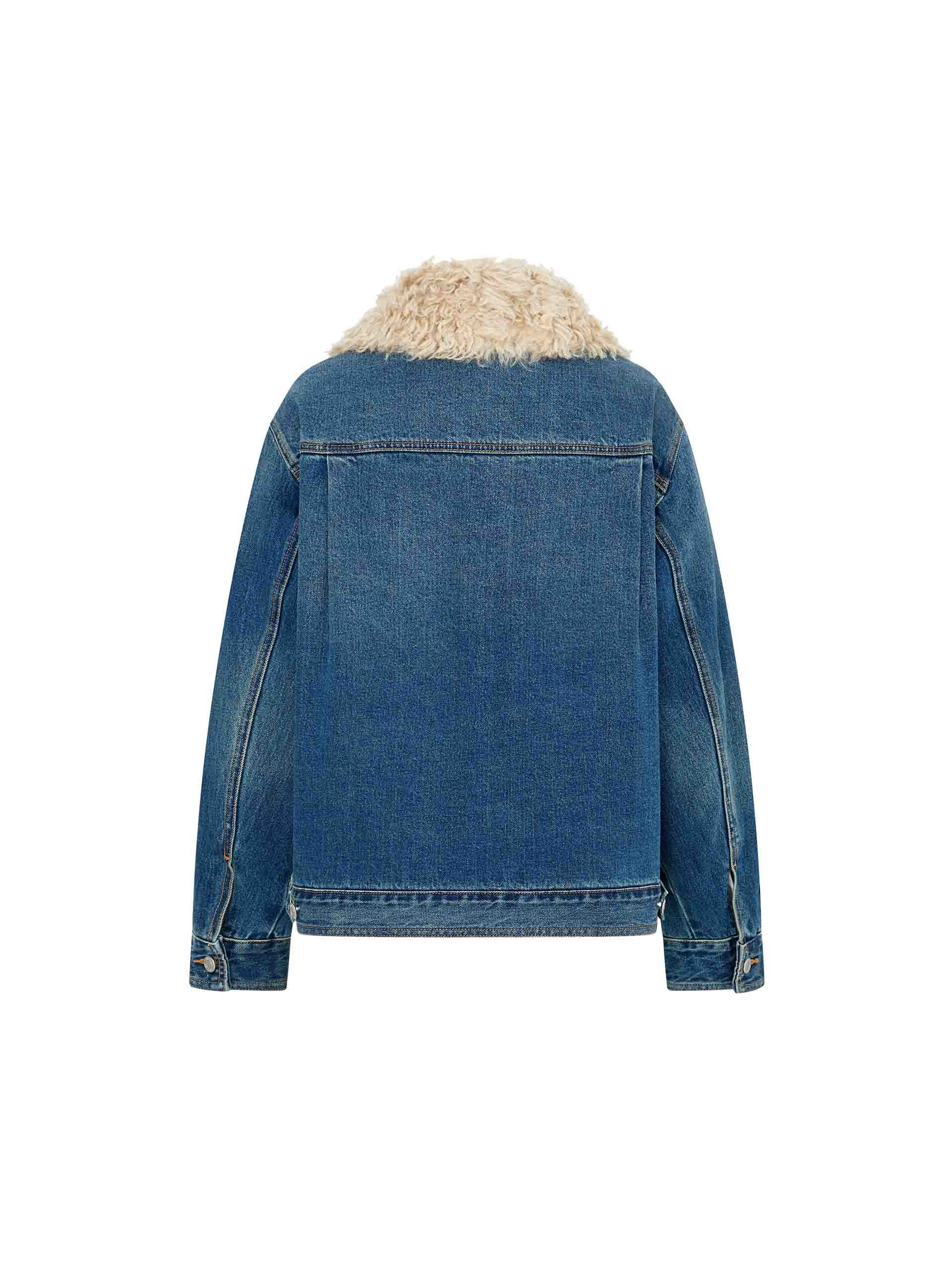 MO&Co. Women's Warm Fur Collar Quilted Denim Jacket in Blue