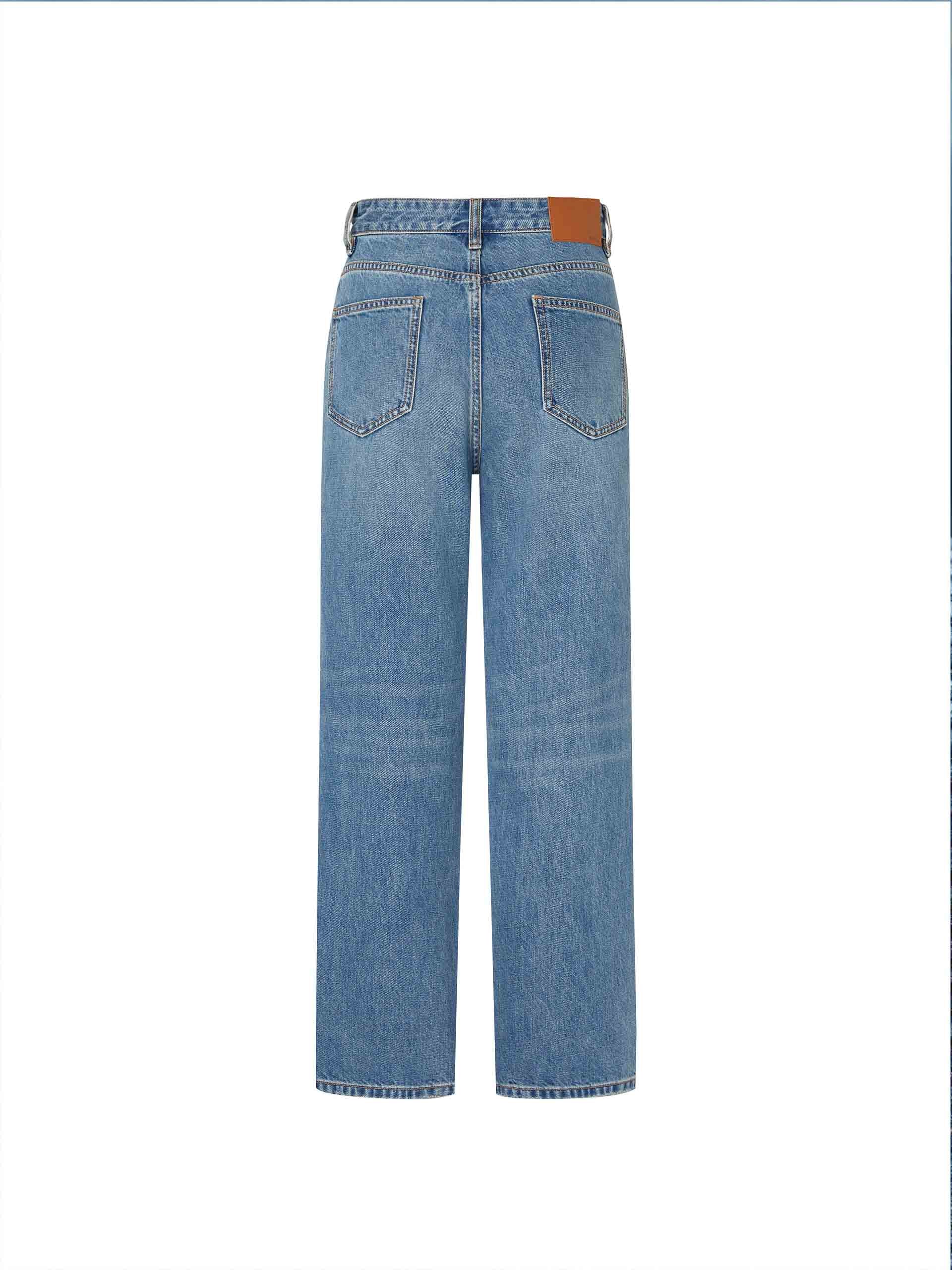 MO&Co. Women's Mid Waist Straight Whiskered Jeans in Blue features a secure button and zip closure, roomy five-pocket design, and easy accessorizing via the belt loops.