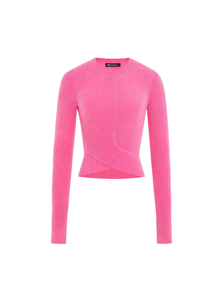 MO&Co. Women's Cross Front Tight Fit Cropped Ribbed Knit Top Long Sleeves in Hot Pink