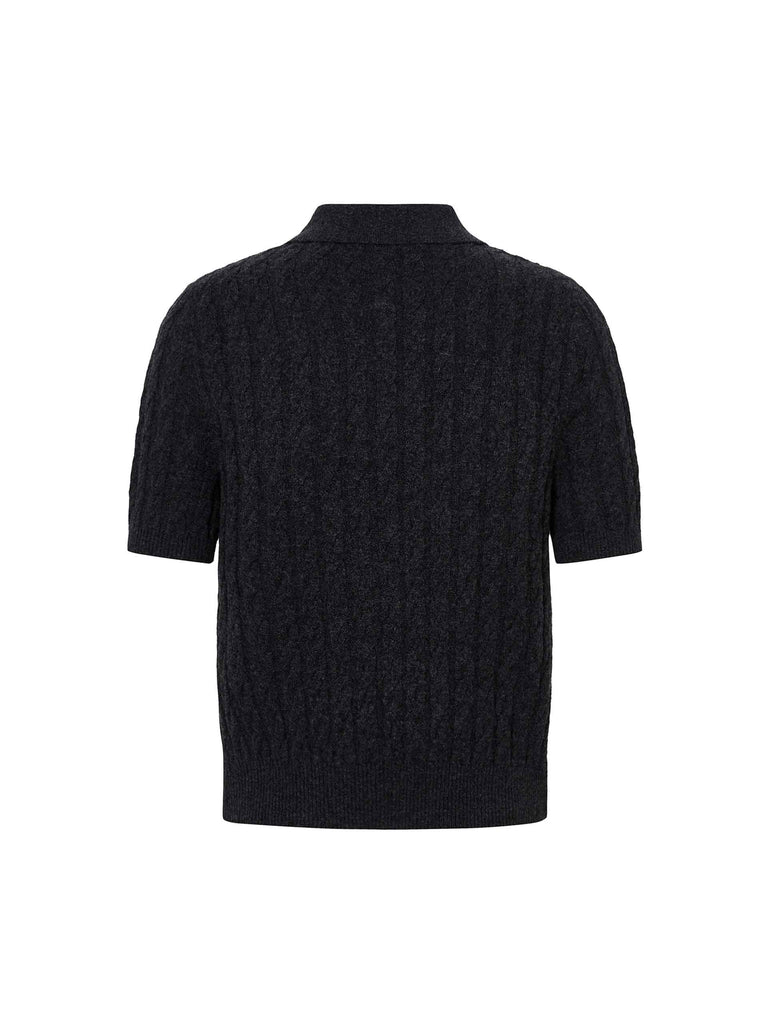 MO&Co. Women's Wool Cashmere Cable Knitted Short Sleeves Polo Sweater in Black