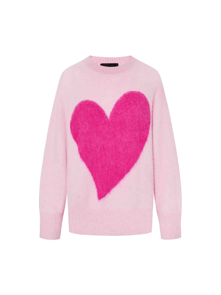 MO&Co. Women's Red Heart Pattern Brushed Loose Fit Sweater in Pink