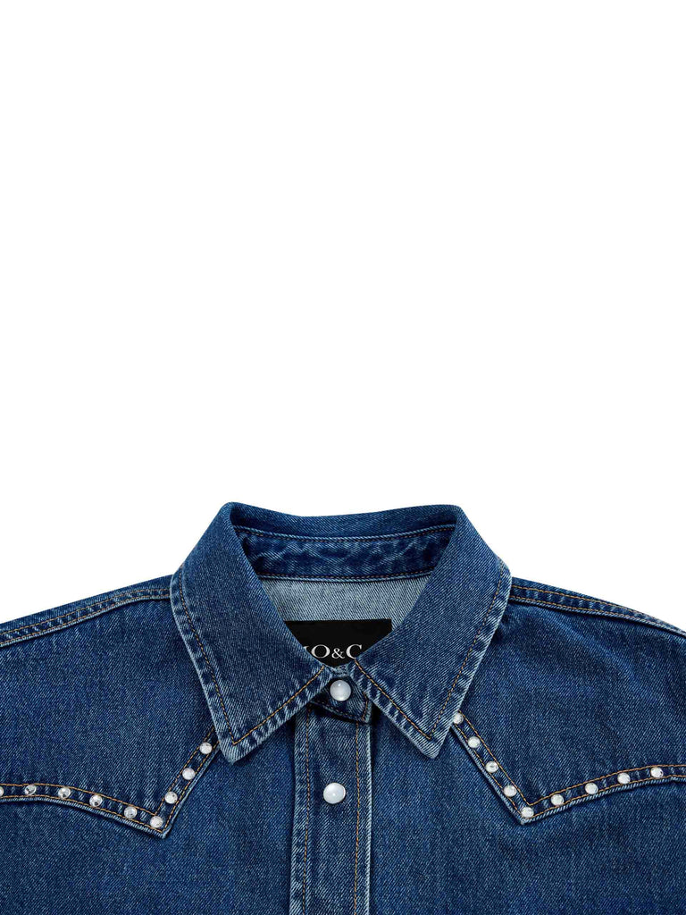 MO&Co. Women's Blue Oversized Fit Zircon Detail Denim Jacket