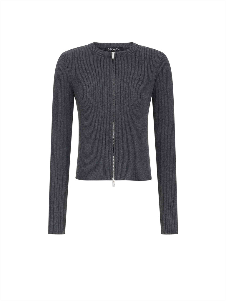 MO&Co. Women's Grey Ribbed Slim Fit Long Sleeves Zip-up Cardigan