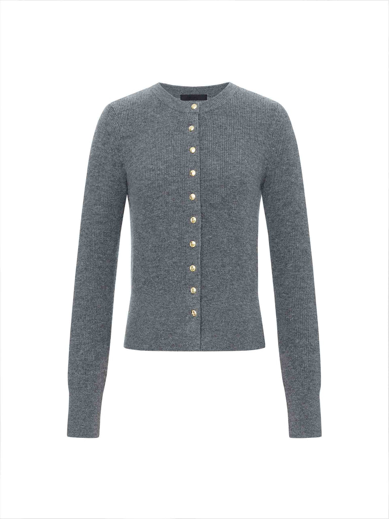 MO&Co. Women's Crew Neck Cardigan Sweater in Wool-Cashmere Timeless Grey
