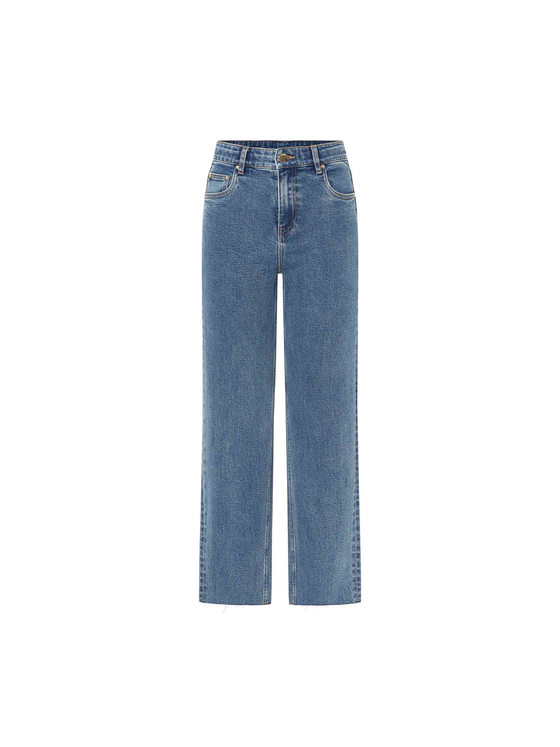 MO&Co. Women's Blue High Rise Straight Leg Raw Hem Jeans