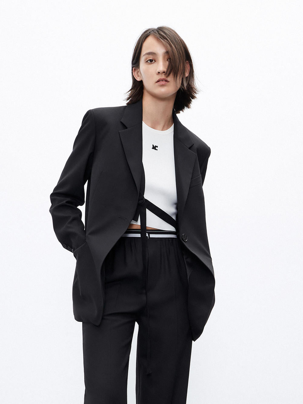 MO&Co. Women's Wool Blend Belt Detail Tailored Blazer in Black