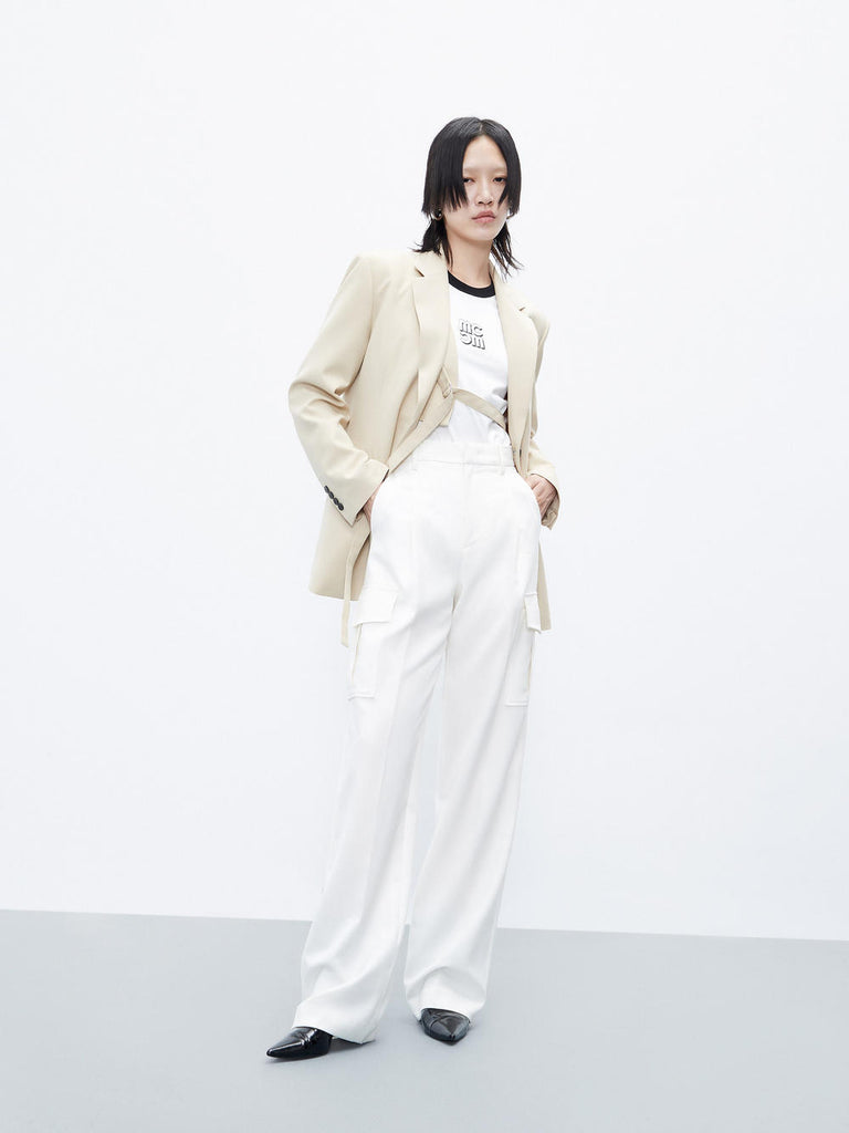 MO&Co. Women's Wool Blend Belt Detail Tailored Blazer in Beige