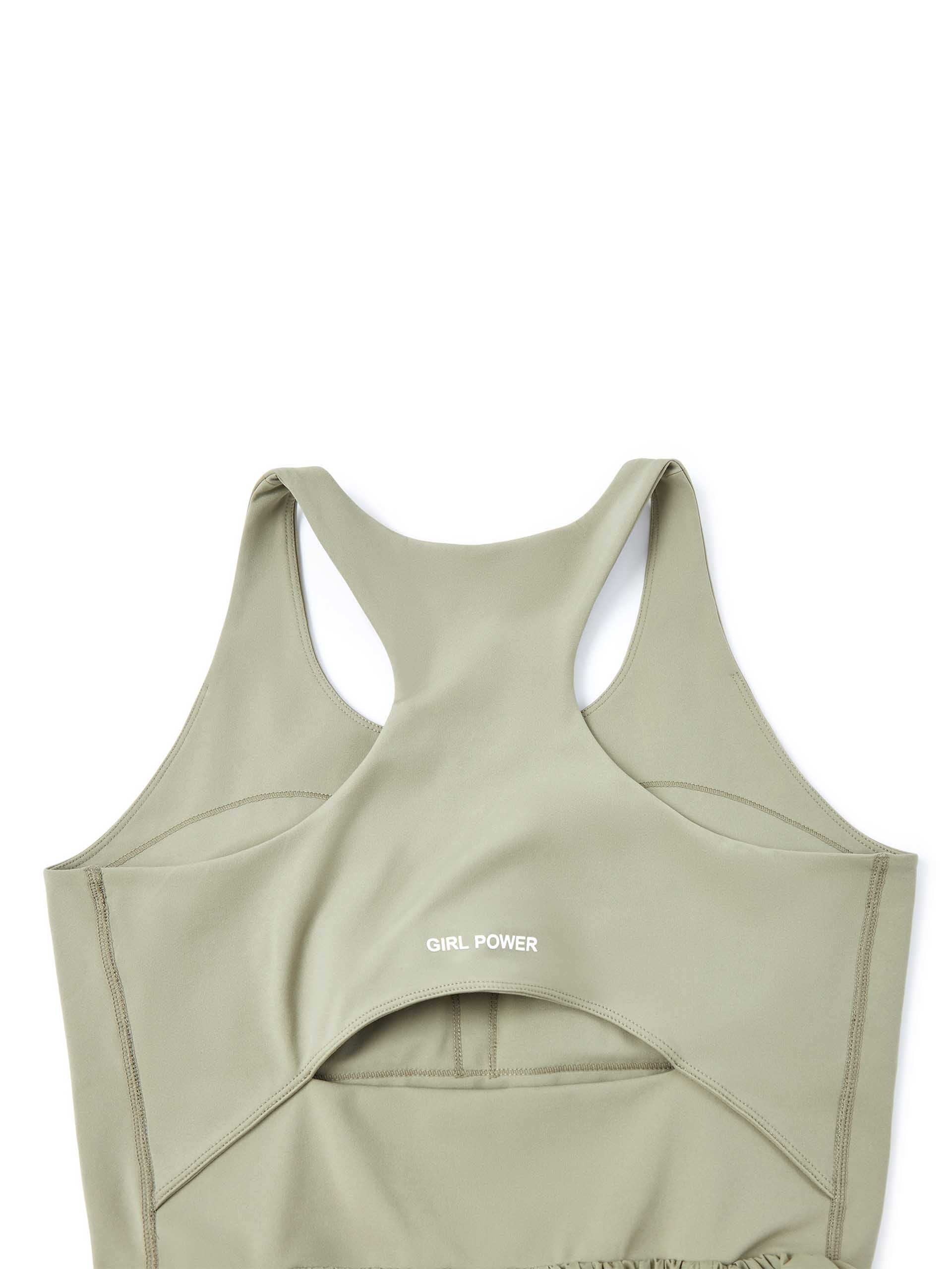 MO&Co. Women's Athleisure Contrast Panel Cutout Dress in Olive features sleeveless, racerback silhouette and maxi length.