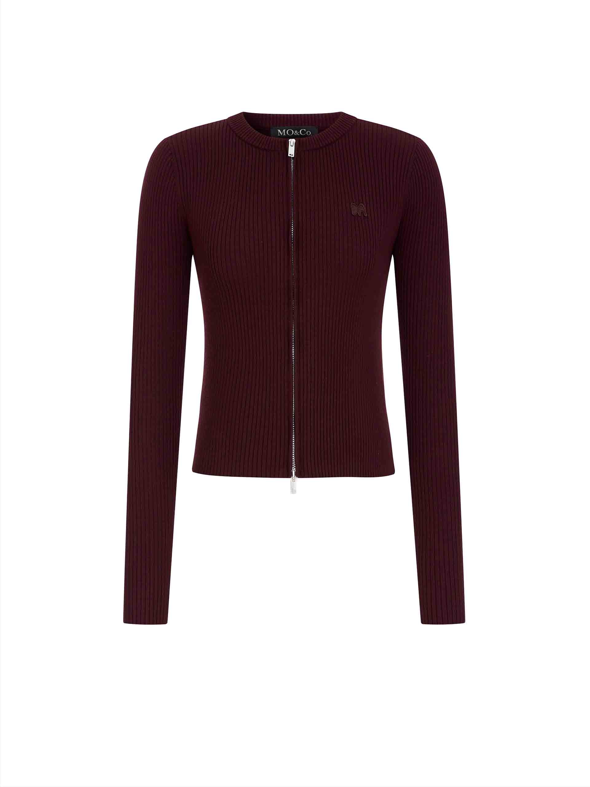 MO&Co. Women's Burgundy Ribbed Slim Fit Long Sleeves Zip-up Cardigan