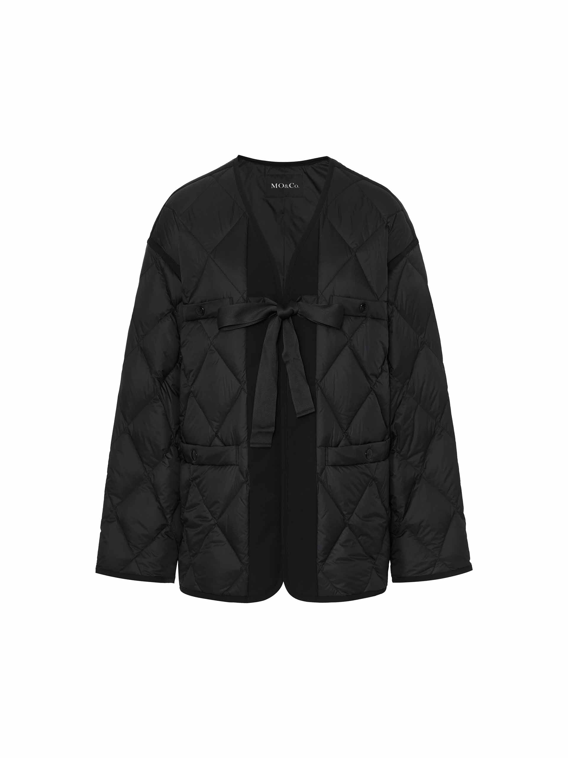 MO&Co. Women's Collarless Tie Detail Lightweight Quilted Down Jacket in Black