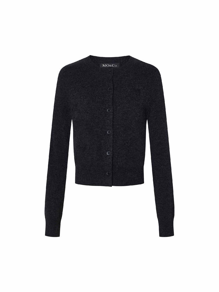 MO&Co. Women's Regular Fit Knitted Crew Neck Basic Cardigan in Black