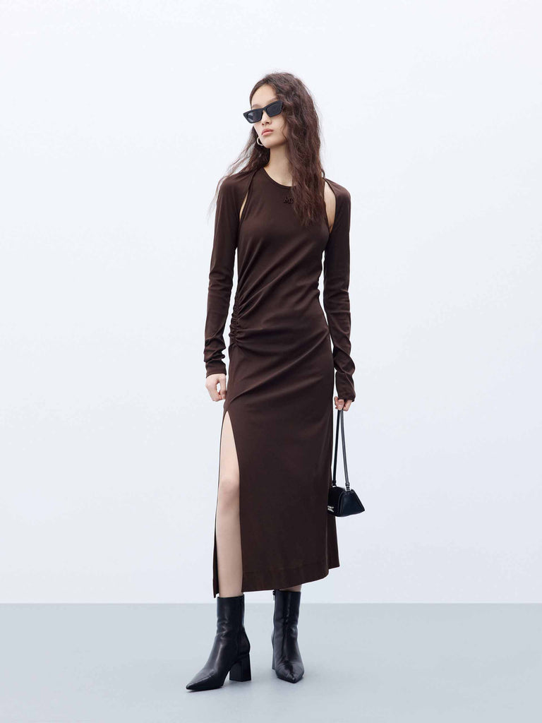 MO&Co. Women's Pleated Side Midi Dress and Long Sleeves Bolero Set in Brown
