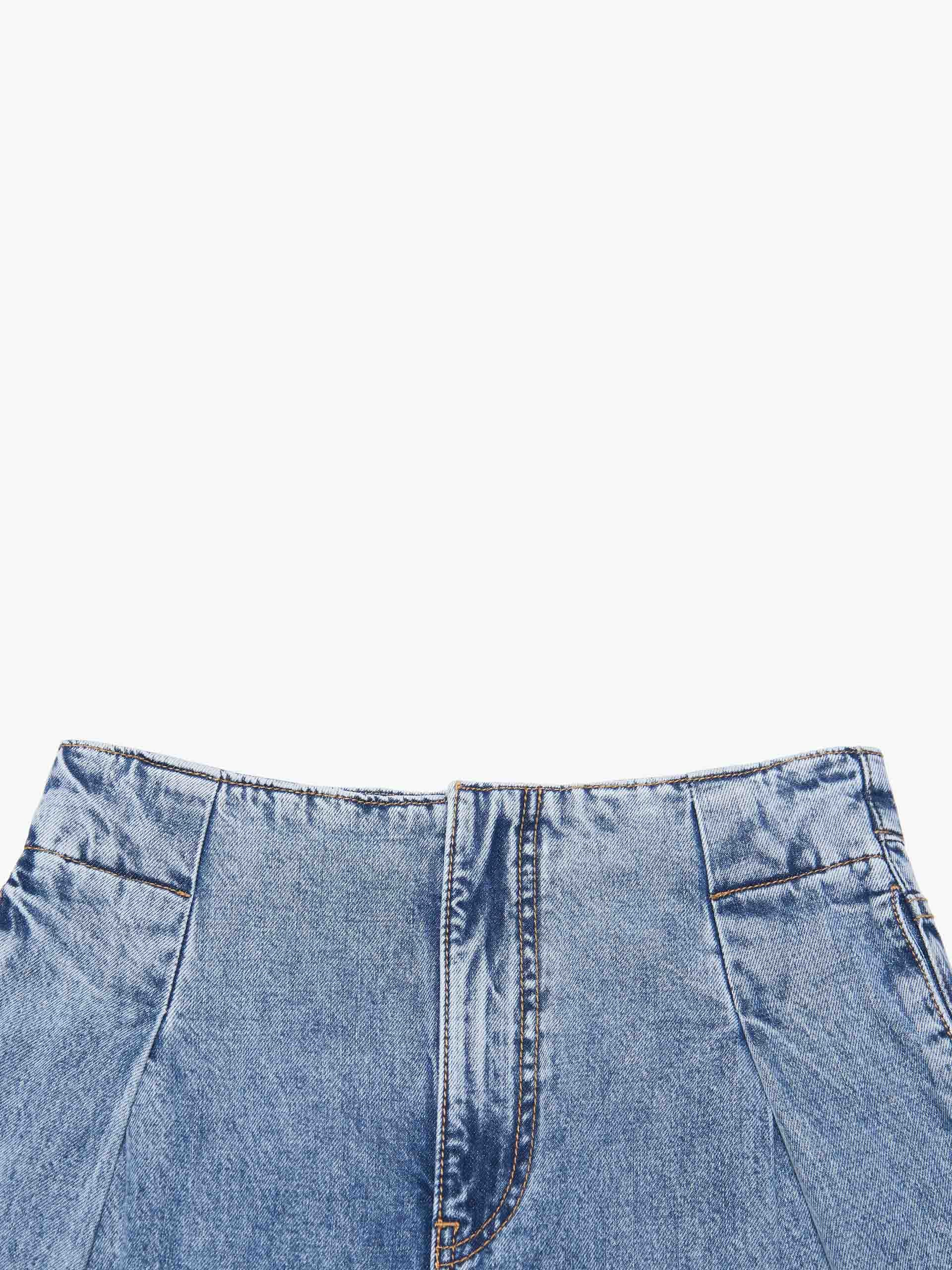 MO&Co. Women's Pleated Wide Leg Jeans in Blue with Belt Details