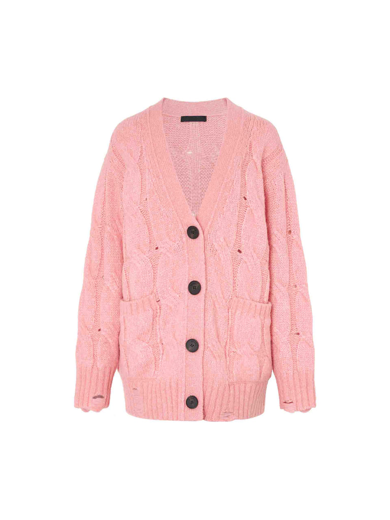 MO&Co. Women's Chunky Cable Knitted Cardigan Alpaca fleece Blend in Pink
