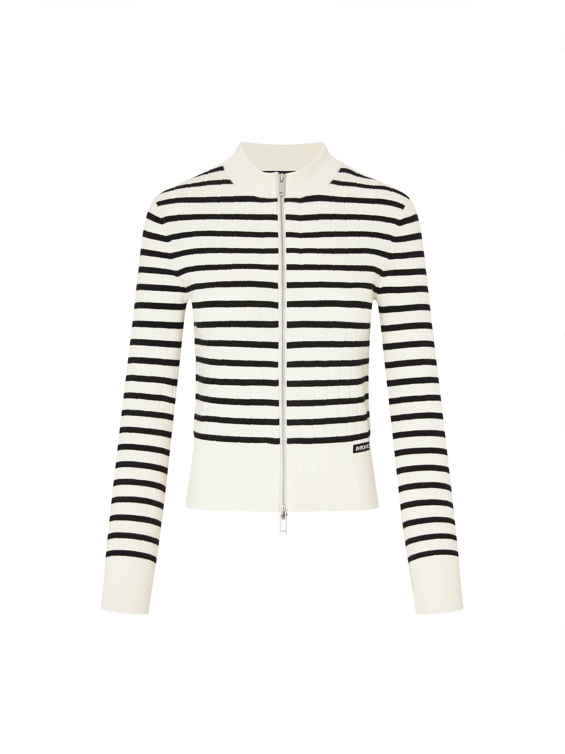 MO&Co. Women's Zip Up Wool Blend Slim Fit Knitted Cardigan in Black and White Striped