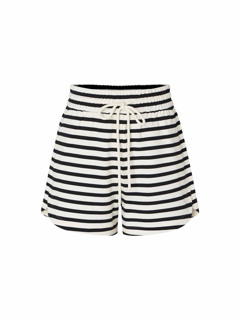 MO&Co. Women's Striped Casual Drawstring Waist Loose Sweater Shorts in White and Black