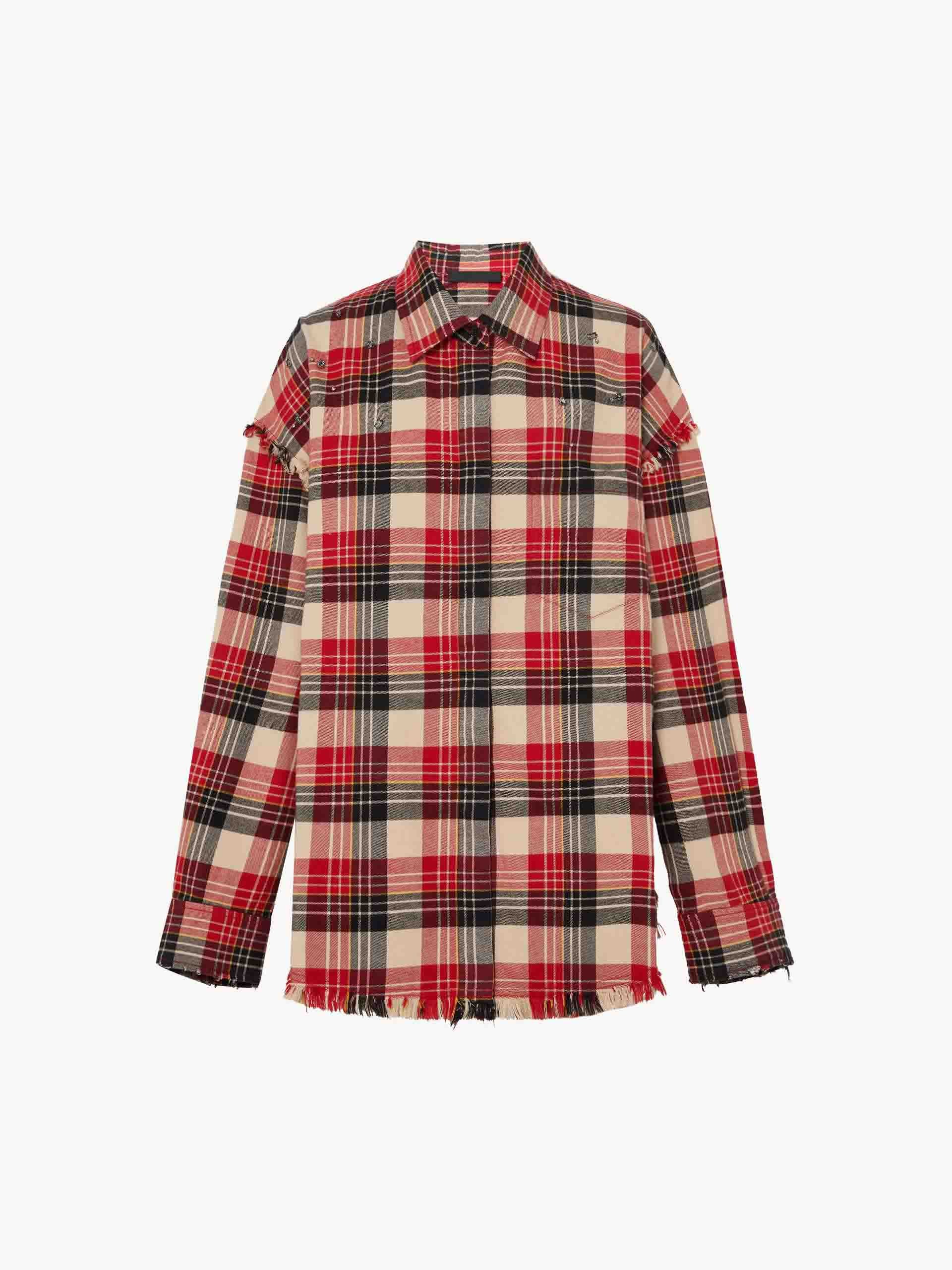 MO&Co. Women's Crystal Detail Plaid Shirt with Raw Edge