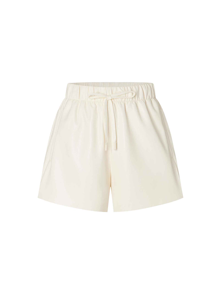 MO&Co. Women's Faux Leather Solid Color Casual Drawstring Shorts in Beige