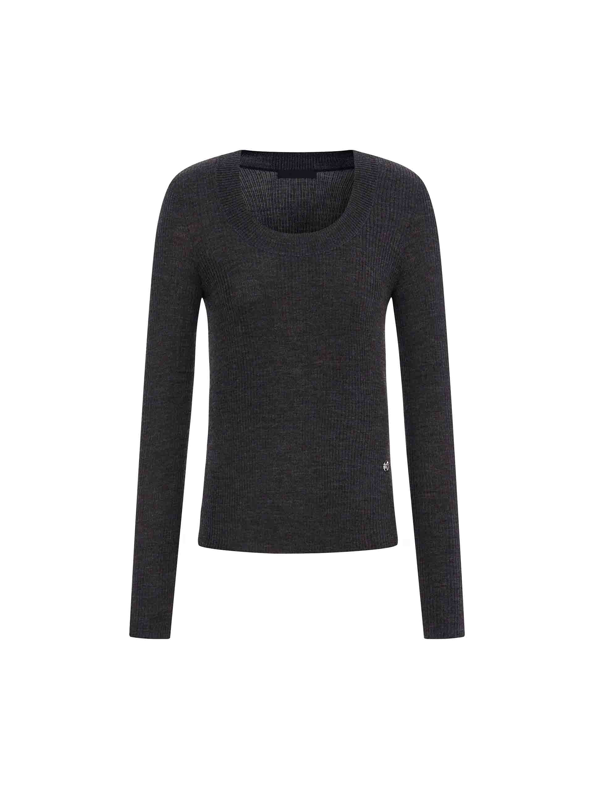 MO&Co. Women's Merino Fine Rib Knit Top Long Sleeves in Dark Grey