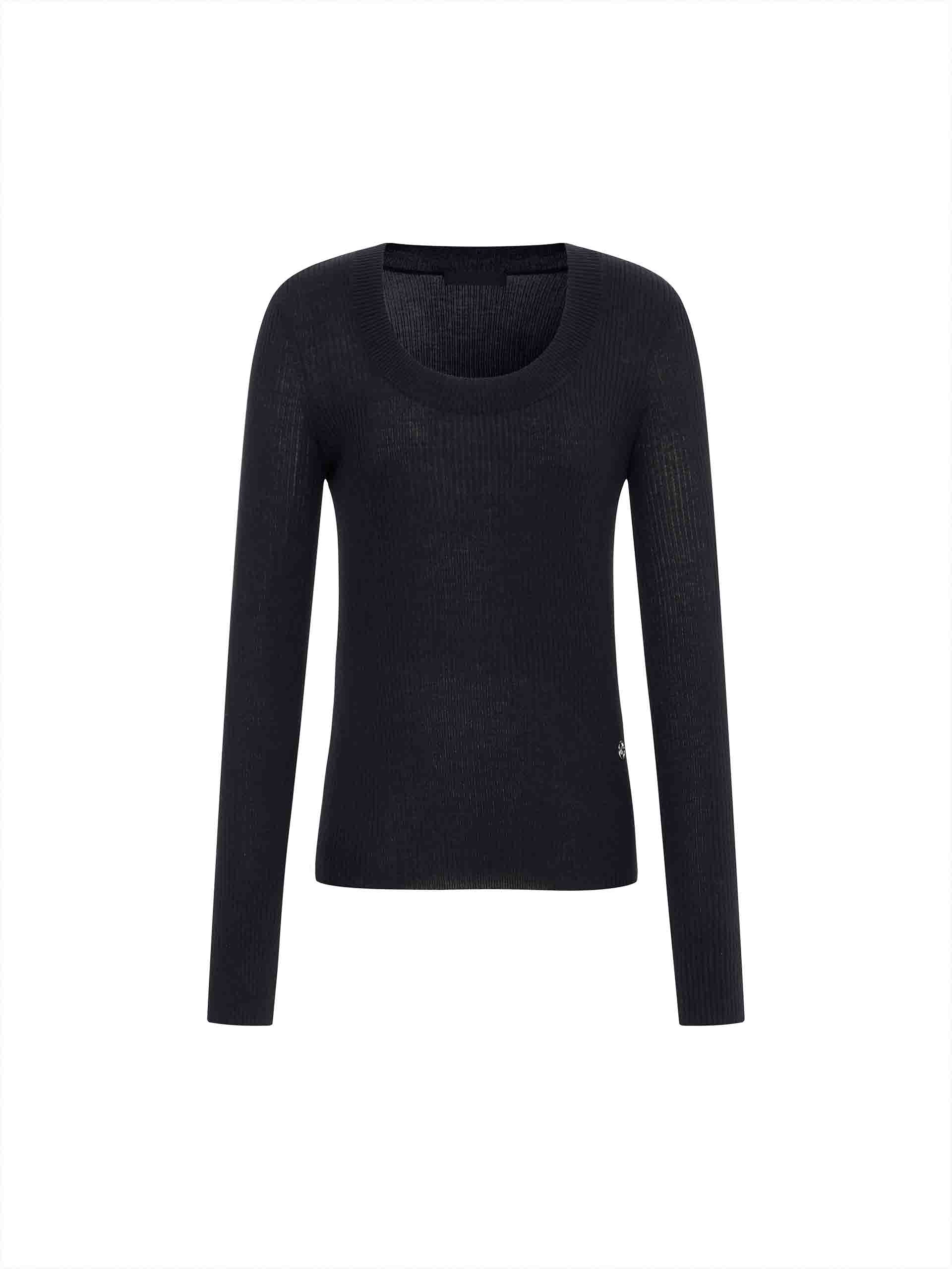 MO&Co. Women's Merino Fine Rib Knit Top Long Sleeves in Black