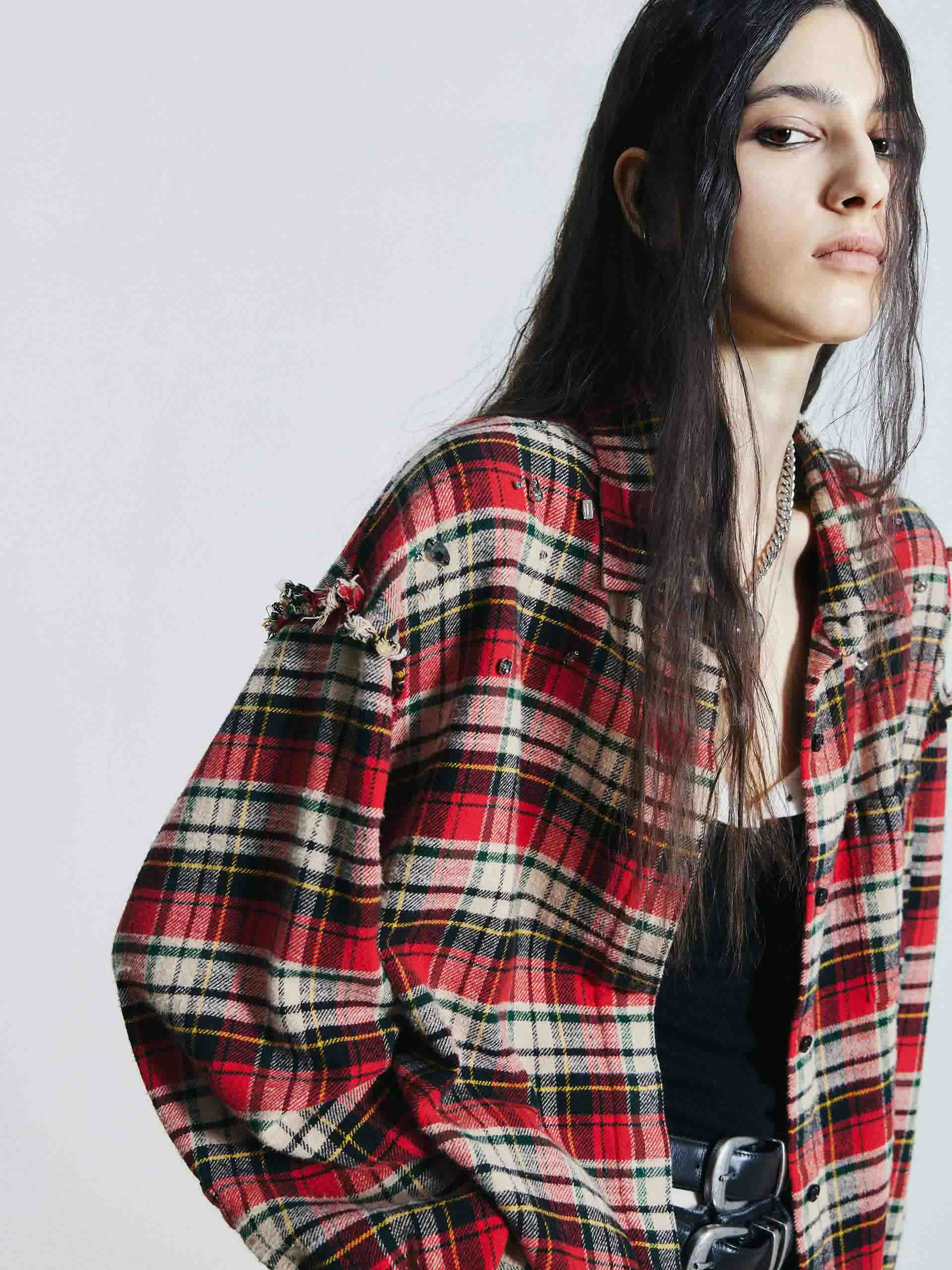 MO&Co. Women's Crystal Detail Plaid Shirt with Raw Edge