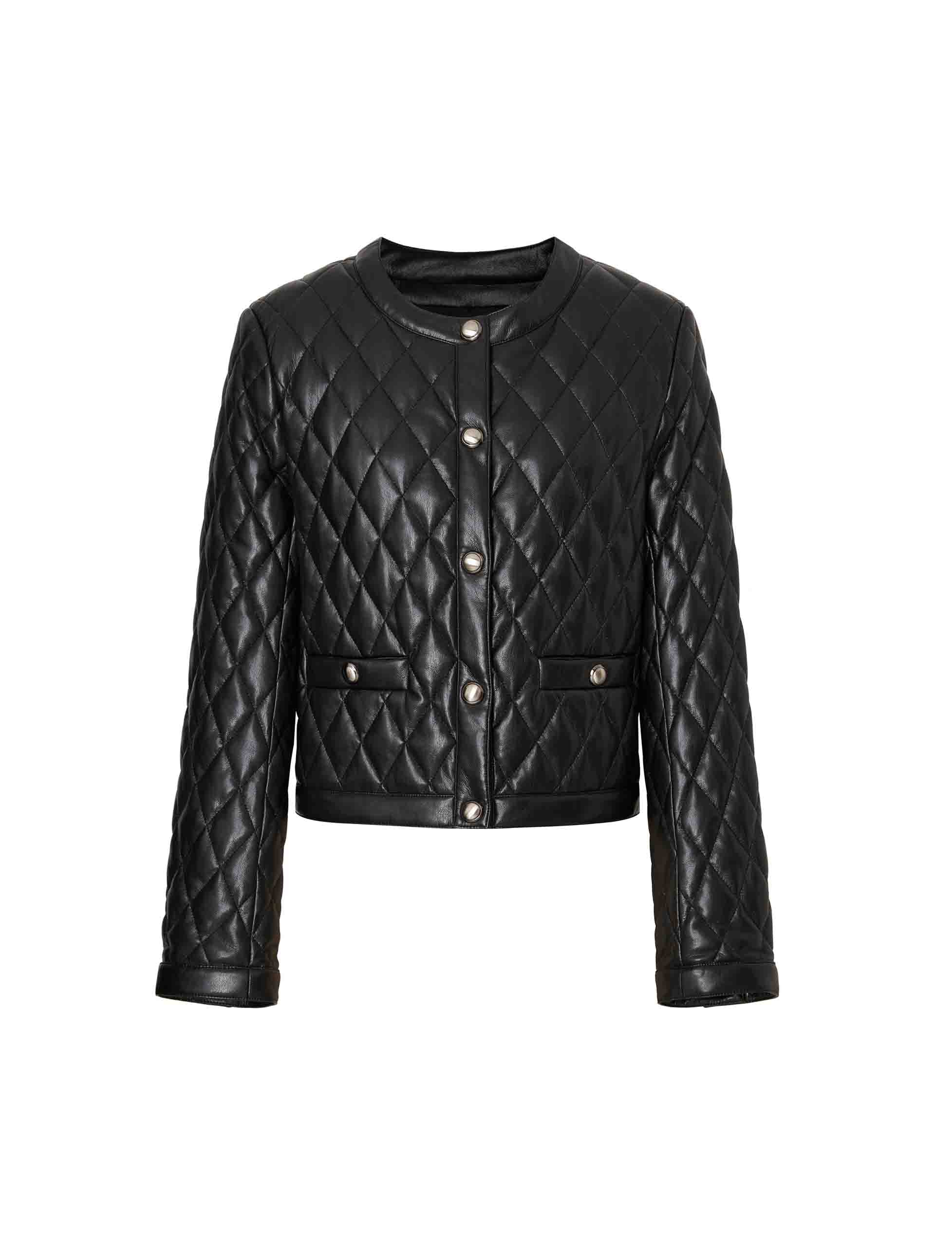 MO&Co. Women's Vegan Faux Leather Collarless Quilted Jacket in Black