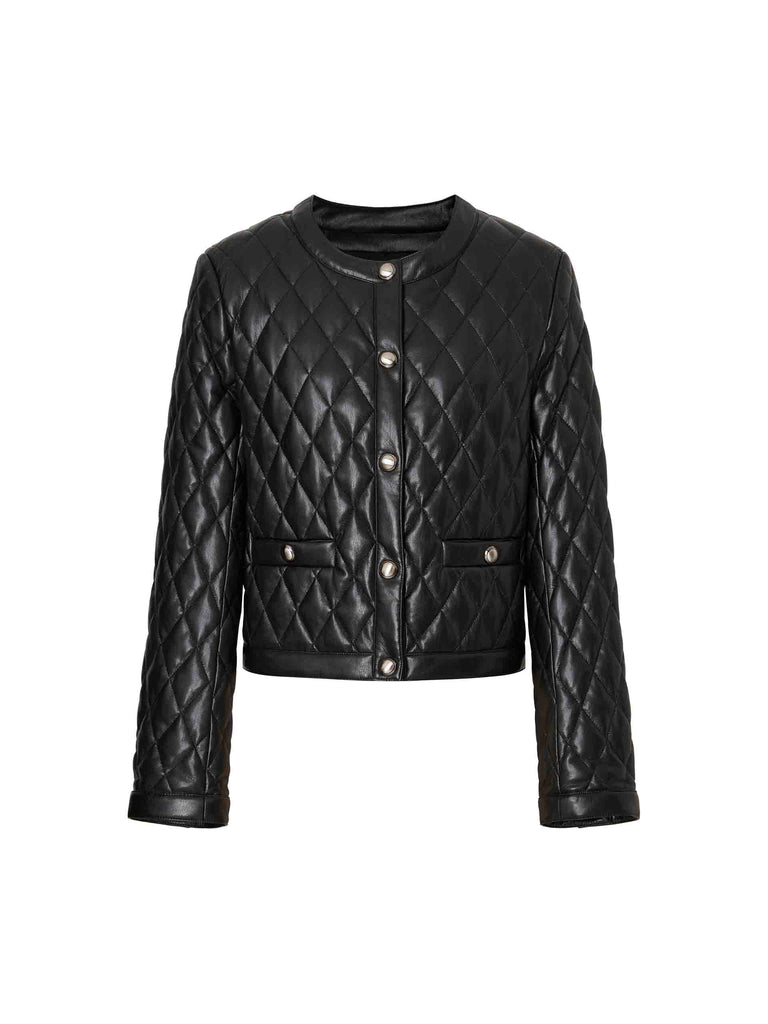 MO&Co. Women's Vegan Faux Leather Collarless Quilted Jacket in Black
