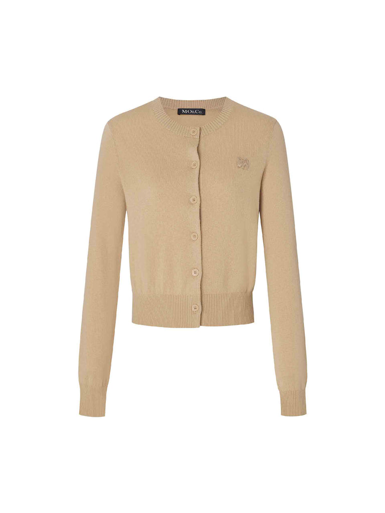 MO&Co. Women's Regular Fit Knitted Crew Neck Basic Cardigan in Camel