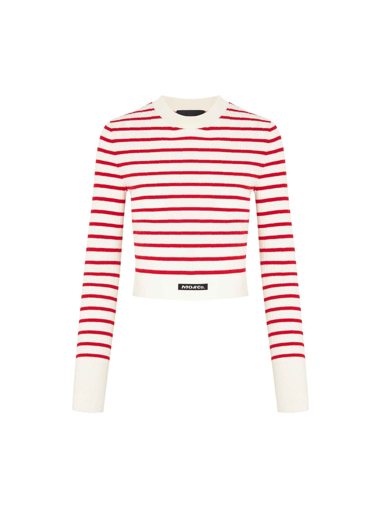 MO&Co. Women's Cropped Tight Fit Striped Rib Knit Top Long Sleeves in White and Red