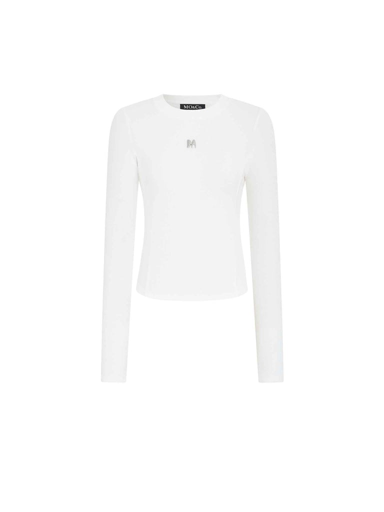 MO&Co. Women's White Tight Fit Crew Neck Long Sleeve Top in Cotton Blend