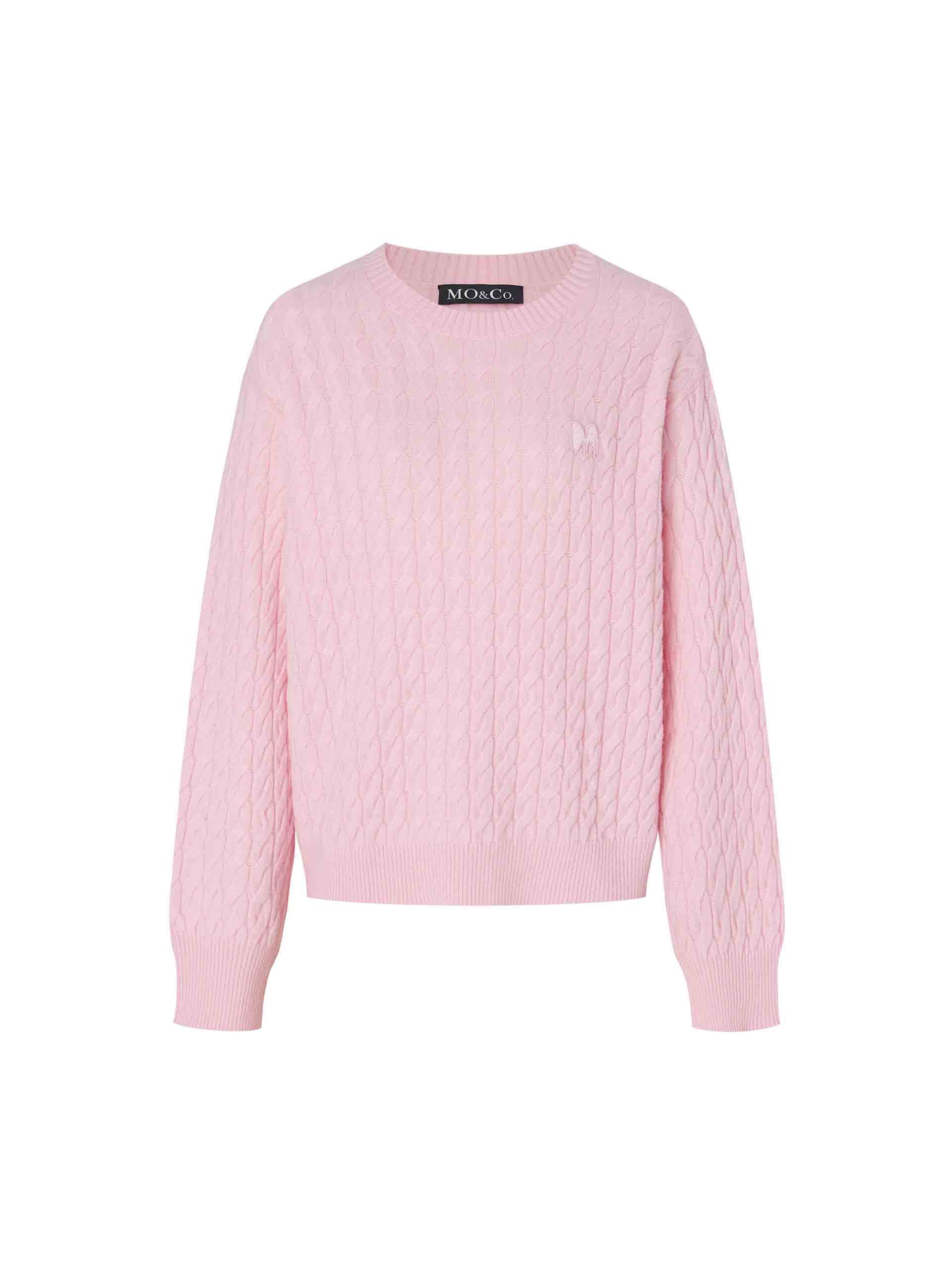 MO&Co. Women's Cable Texture Knit Wool and Cashmere Pullover Sweater in Baby Pink