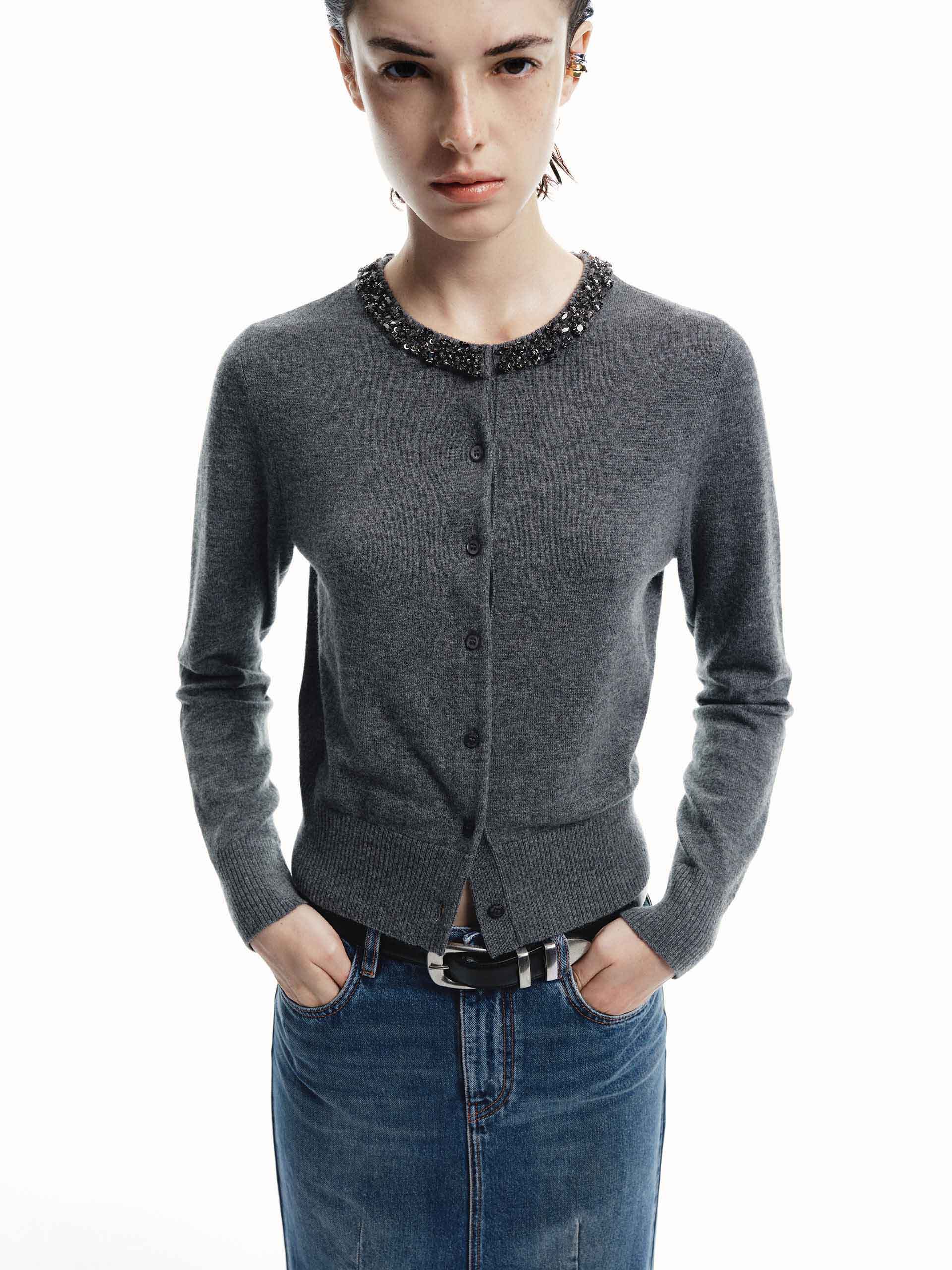 MO&Co. Women's Crystal Collar Wool Cashmere Knit Cardigan in Grey