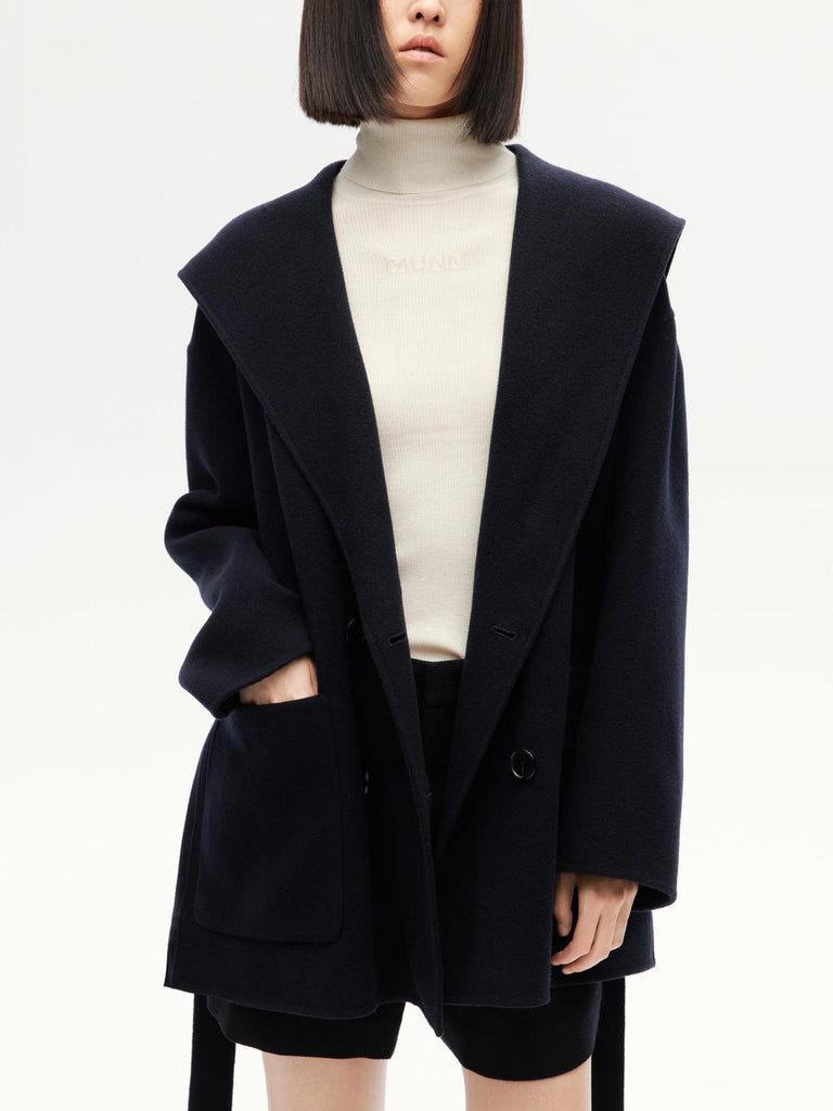 MO&Co. Women's Wide Collar Double Faced Wool Short Coat with Belt in Navy