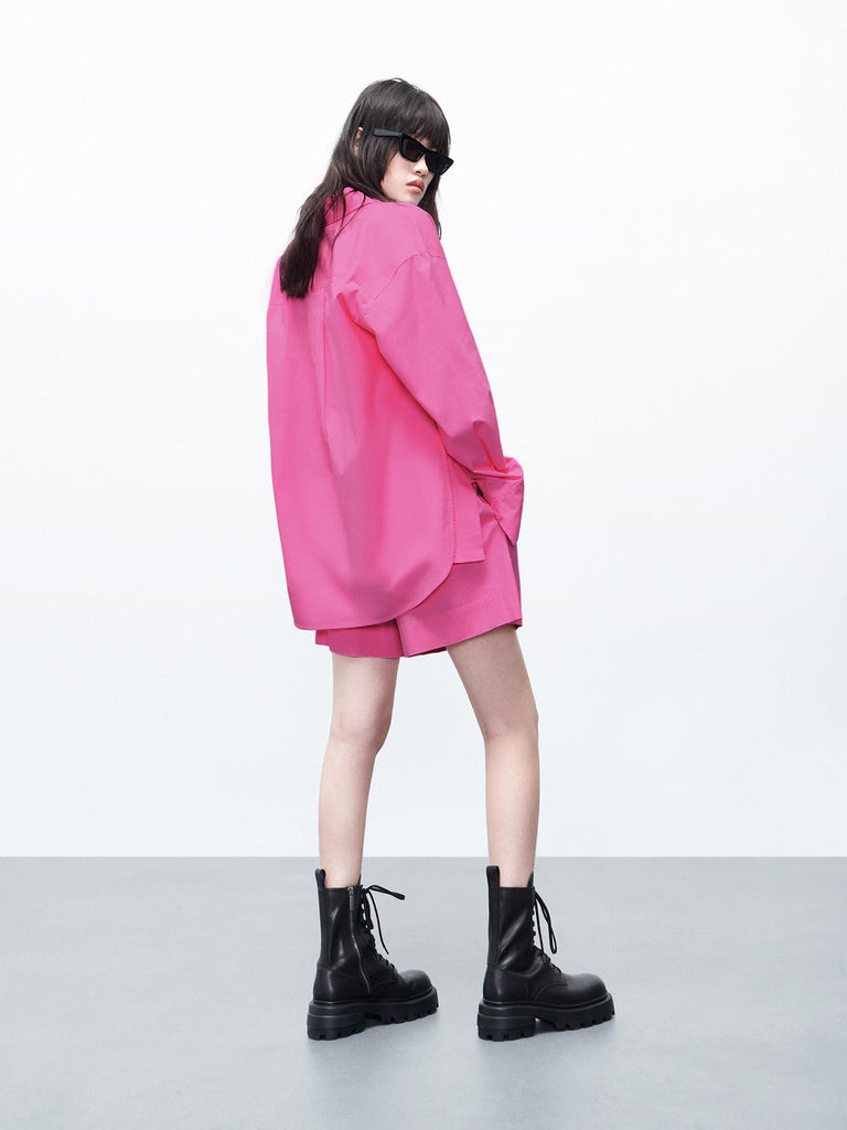 MO&Co. Women's Oversized Long Sleeves Classic Shirt with Shoulder Pads in Pink