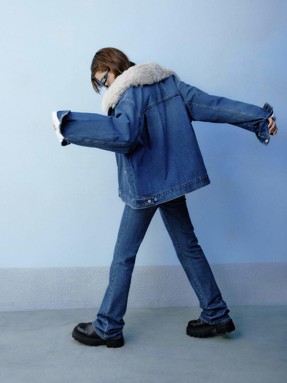 Fuzzy Collar Denim Jacket - Main Image