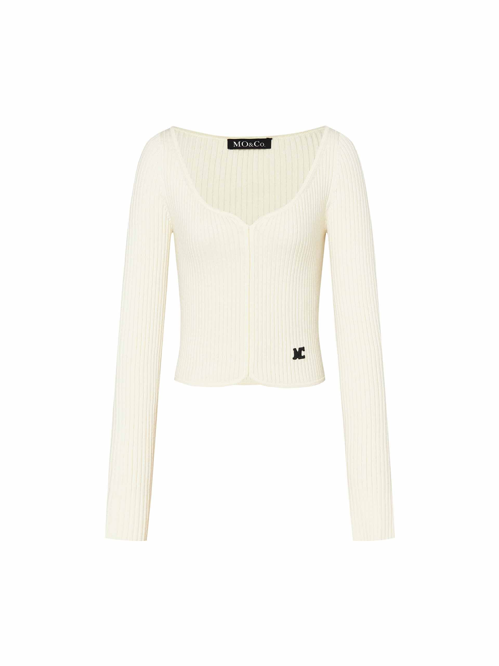 MO&Co. Women's Sweetheart Neck Long Sleeve Slim Ribbed Knit Top Crop in Beige