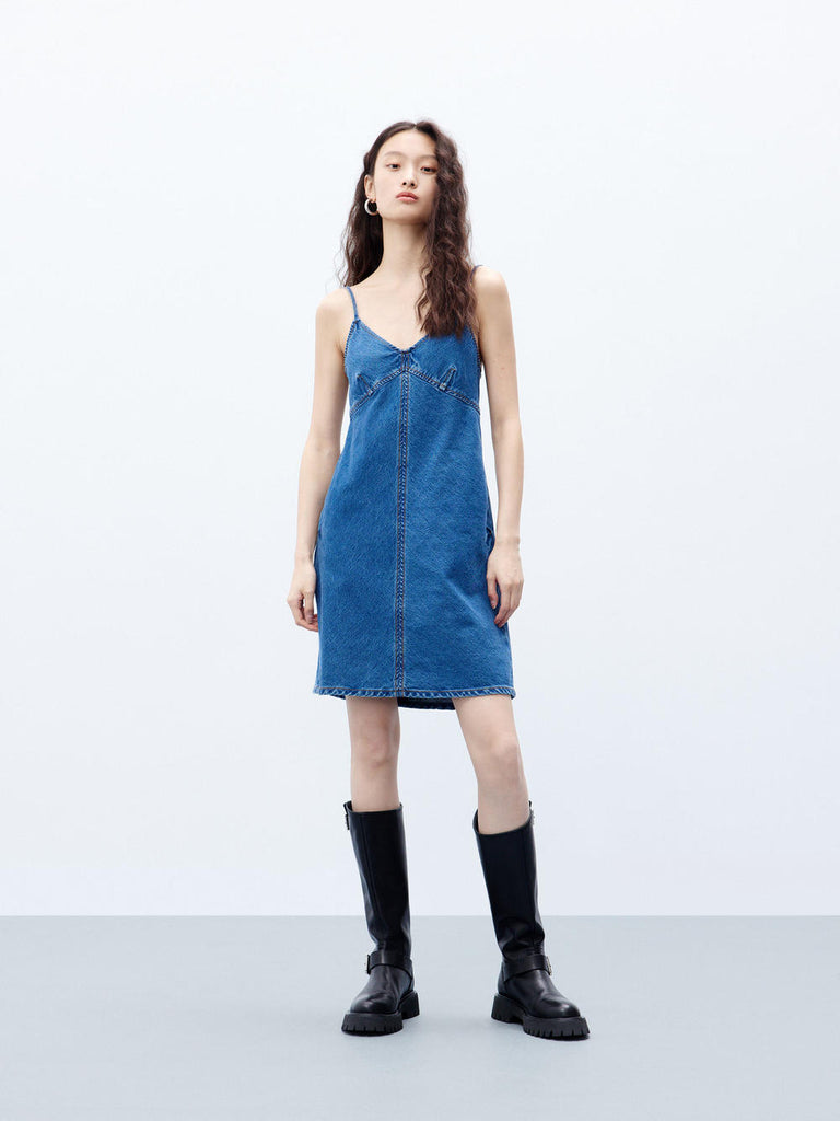 MO&Co. Women's Blue V-neck Denim Cami Mini Dress