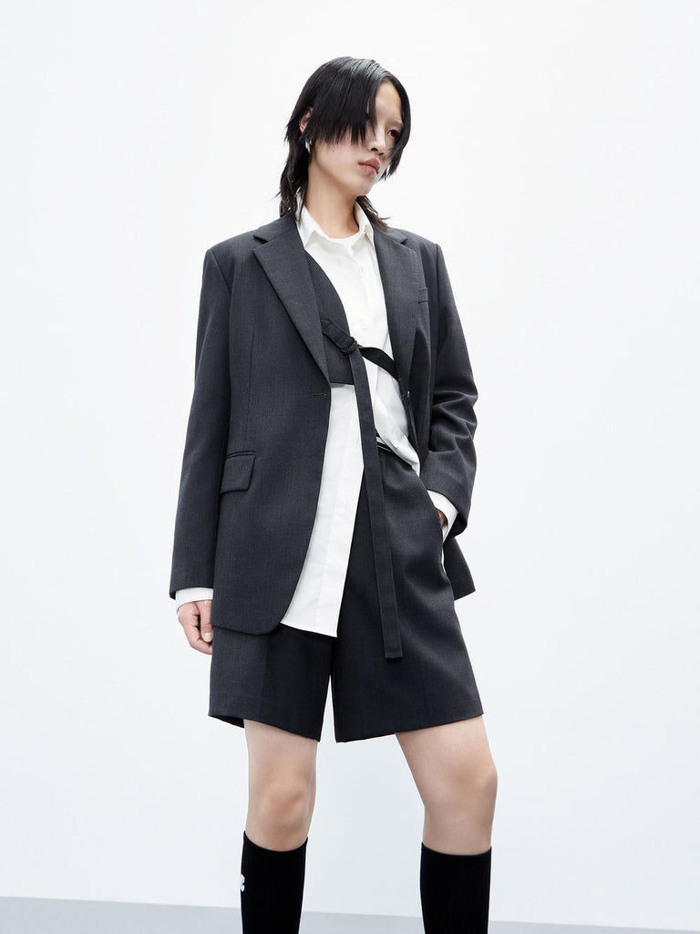 MO&Co. Women's Wool Blend Belt Detail Tailored Blazer in Dark Grey