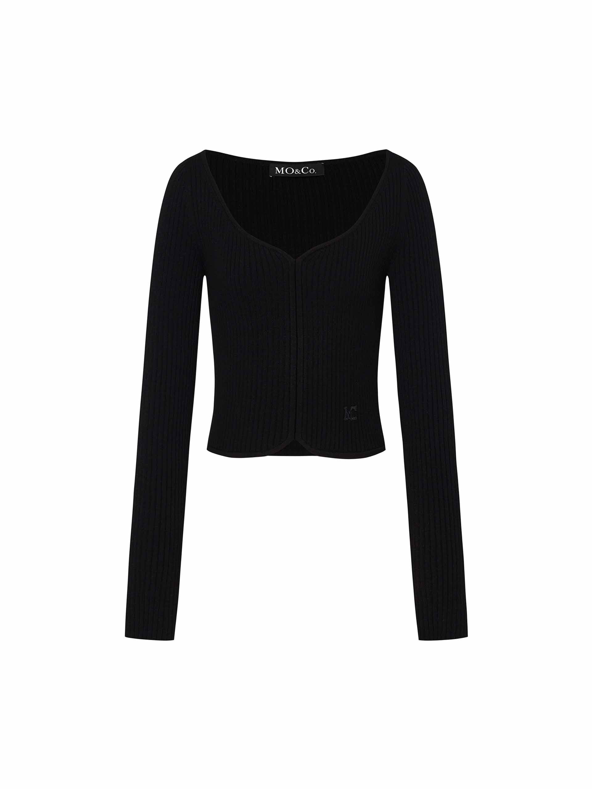 MO&Co. Women's Sweetheart Neck Long Sleeve Slim Ribbed Knit Top Crop in Black