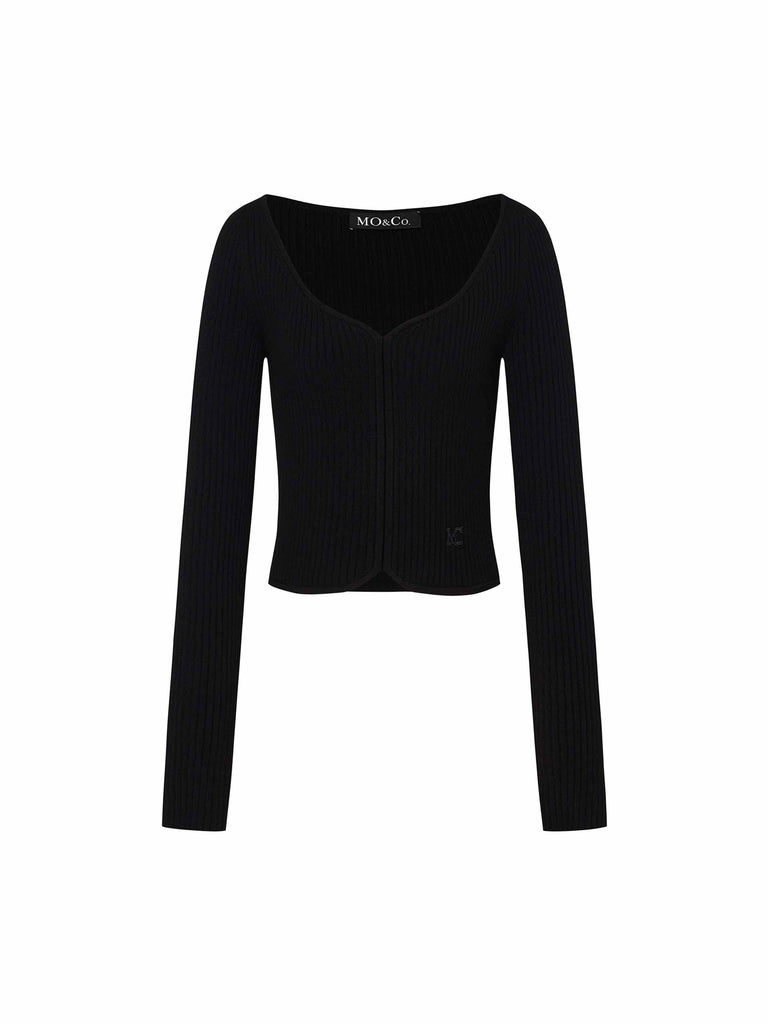 MO&Co. Women's Sweetheart Neck Long Sleeve Slim Ribbed Knit Top Crop in Black