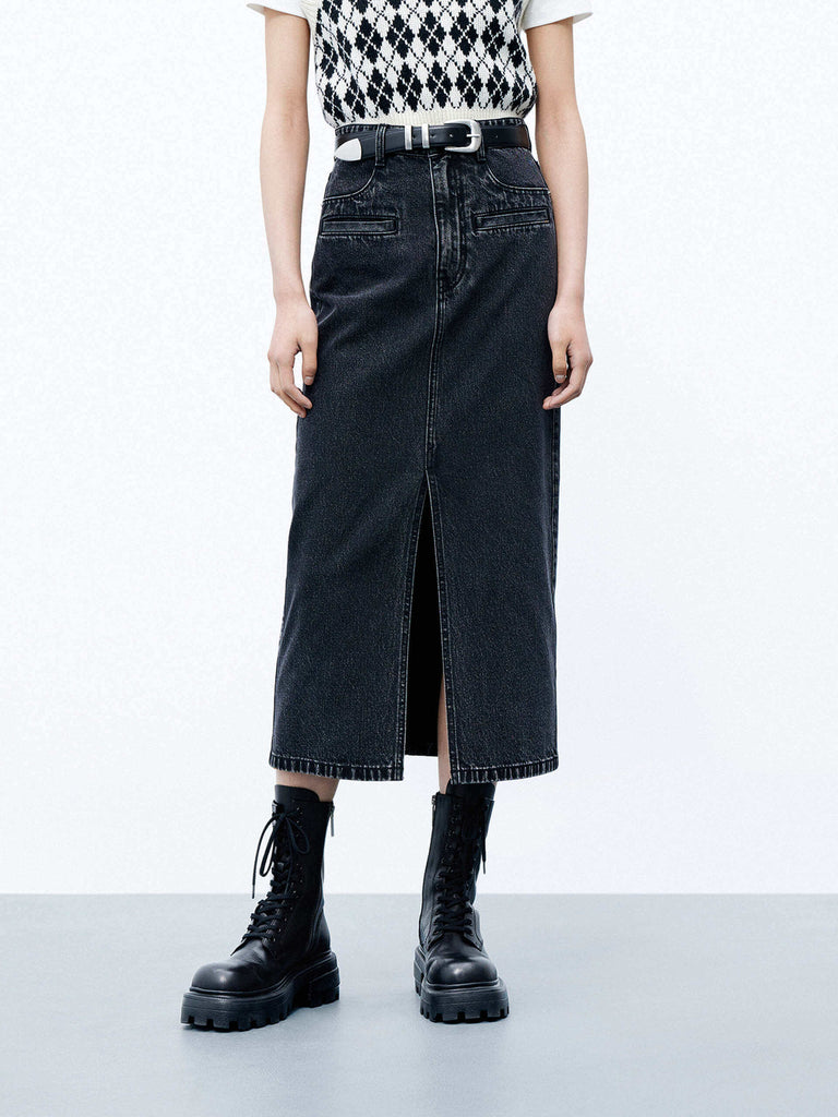 MO&Co. Women's Front Slit Midi Denim Skirt in washed black