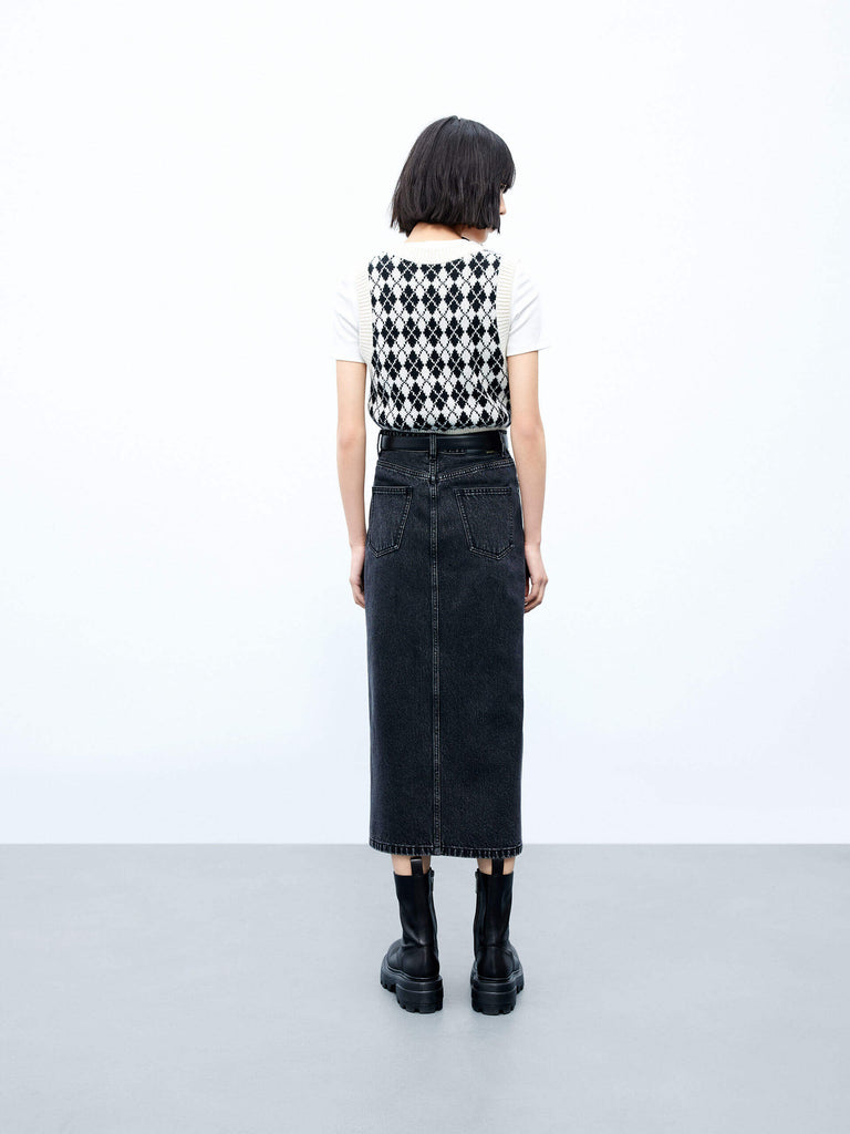 MO&Co. Women's Front Slit Midi Denim Skirt in washed black