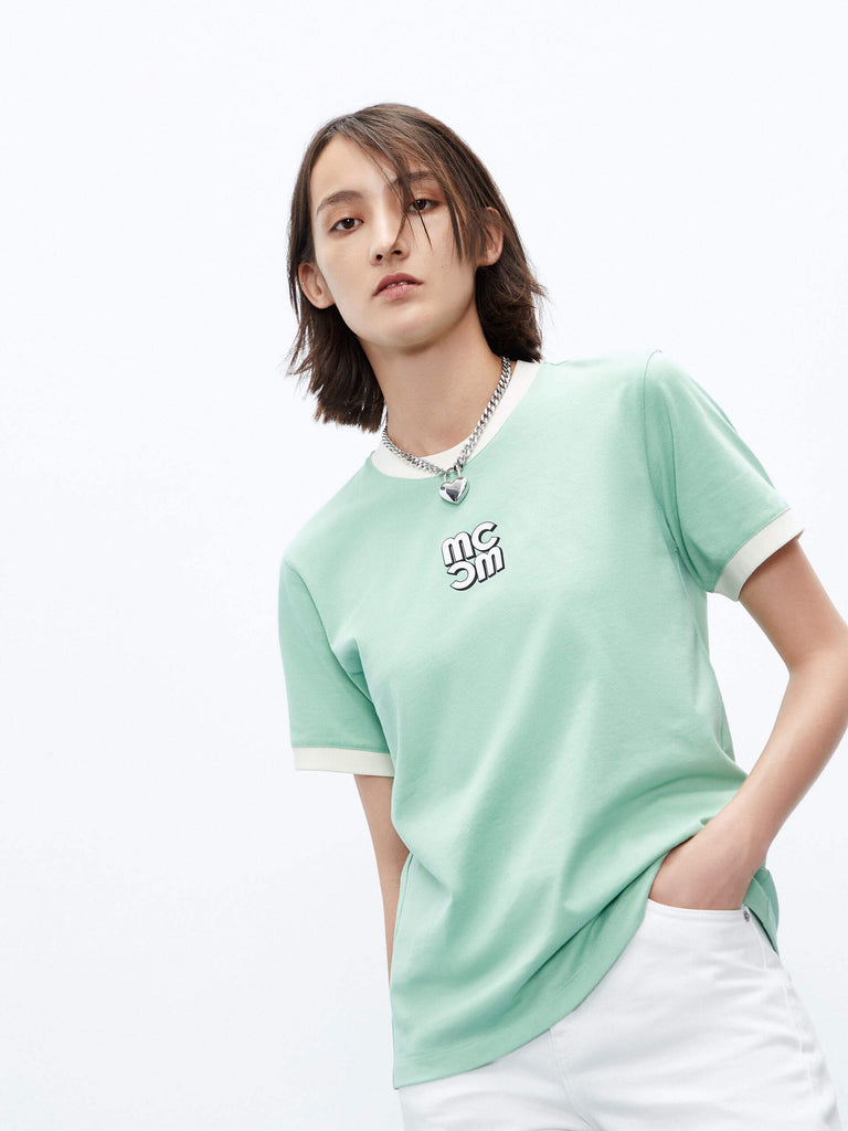 MO&Co. Women's Crew Neck Contrast Trim Regular Cotton T-shirt in Green