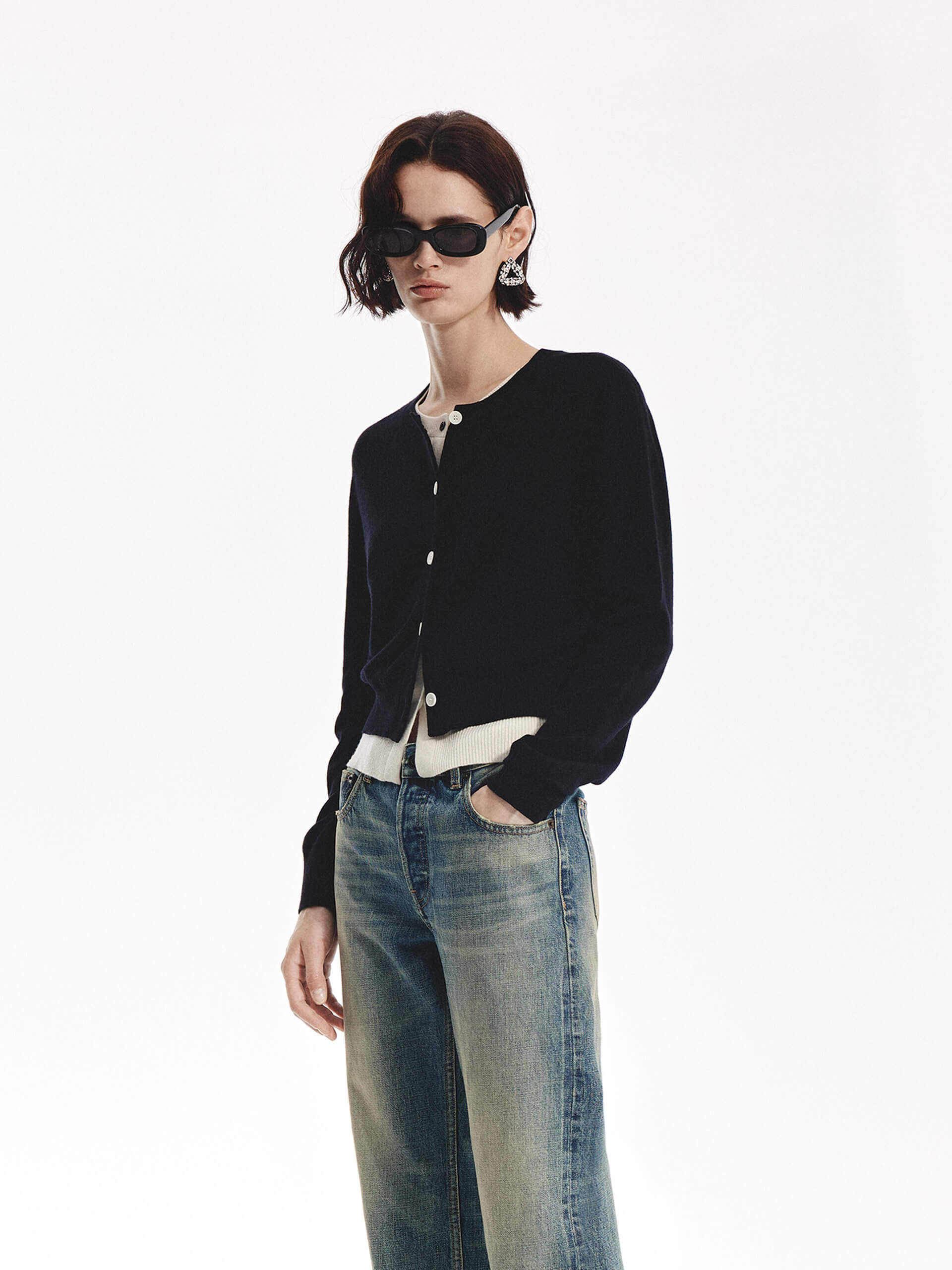 MO&Co. Women's Crew Neck Layer Wool Cashmere Cardigan