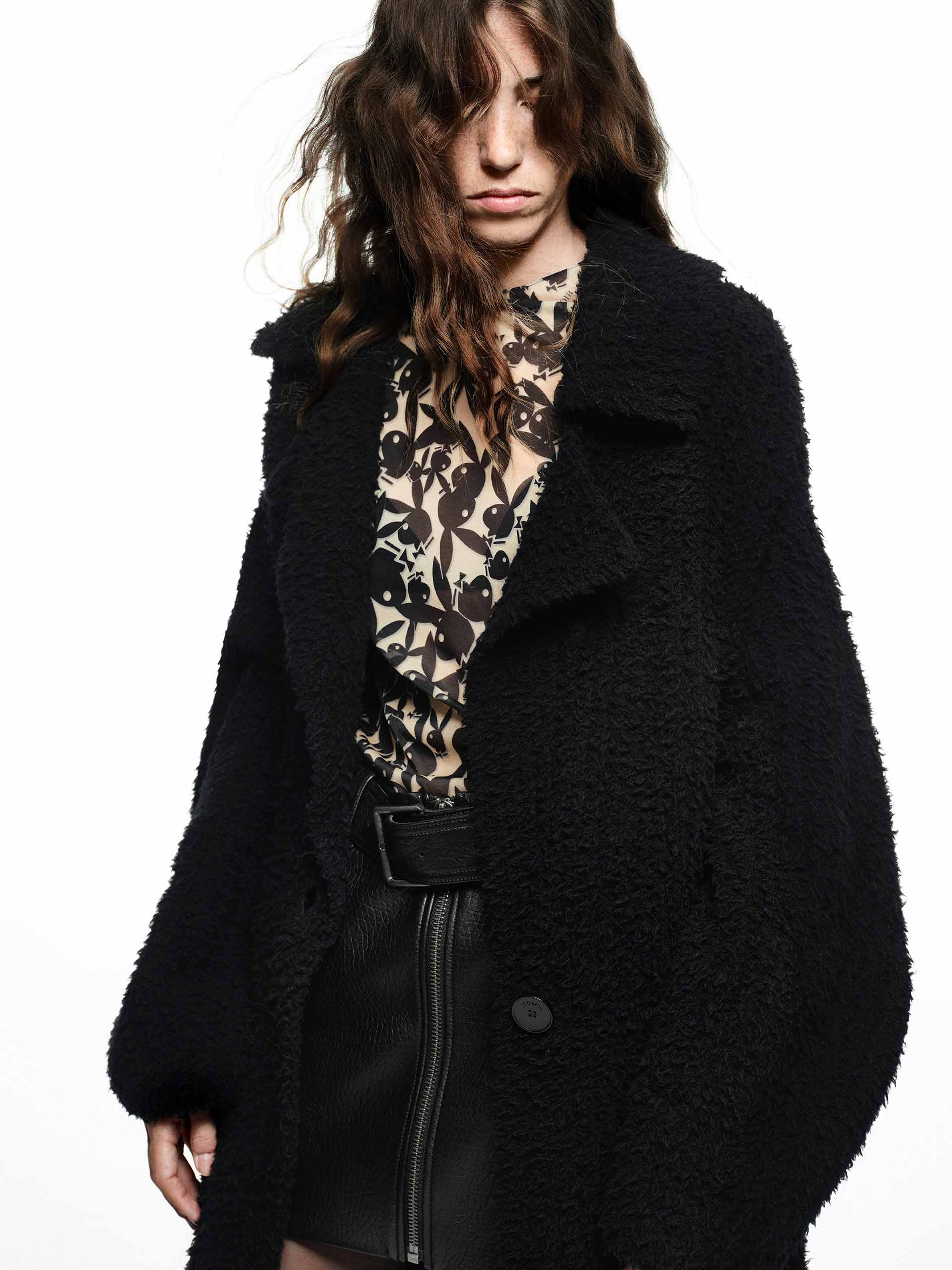 MO&Co. Noir Women's Notch Lapel Wool Blend Fluffy Long Cardigan in