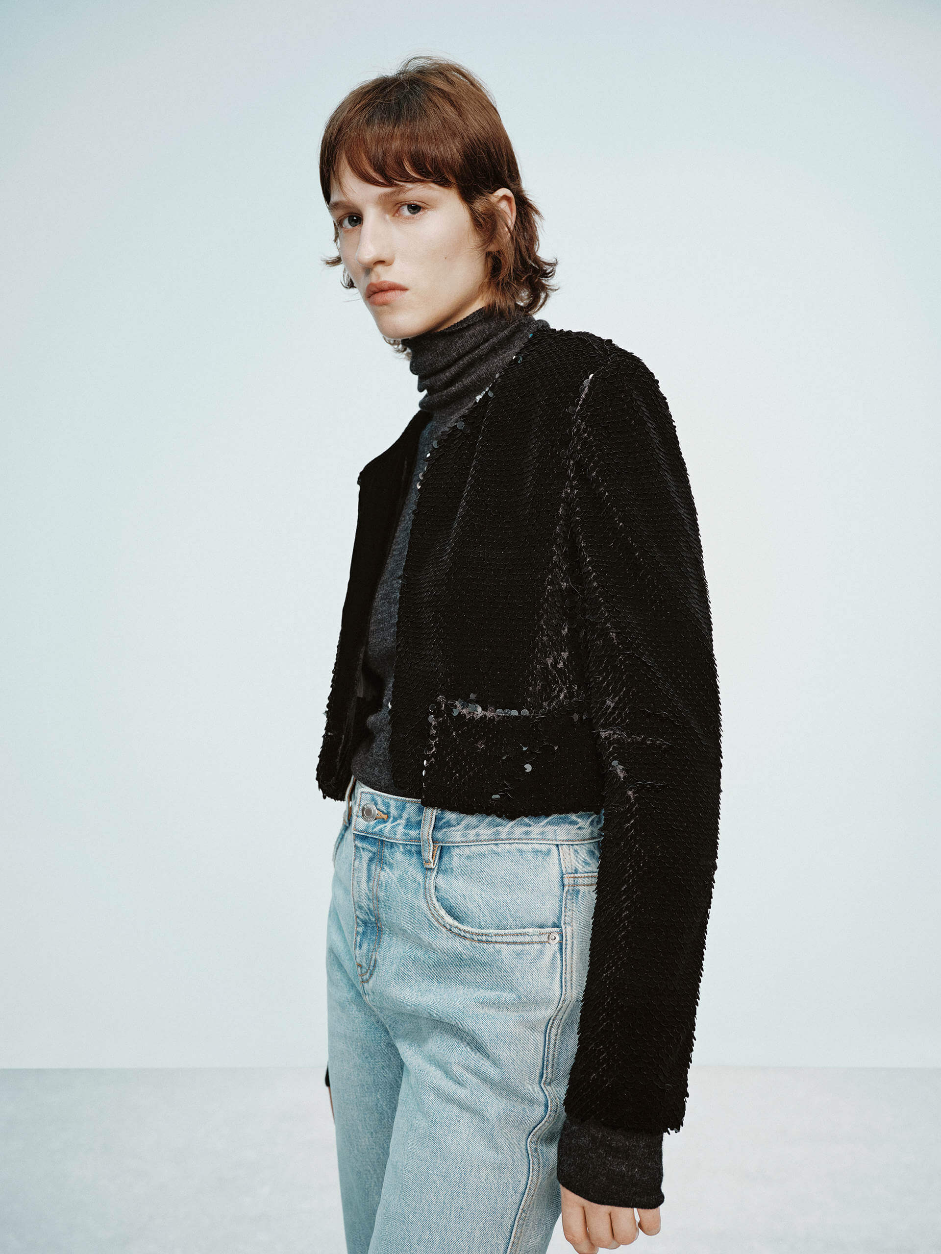 MO&Co. Women's Sequins Finish Collarless Cropped Jacket in Black